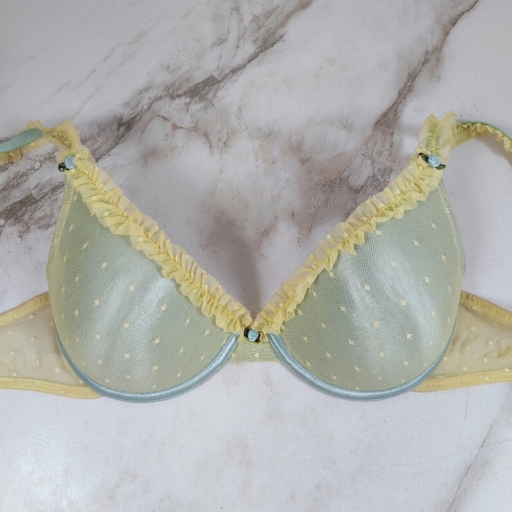 Delicates Blue Yellow Lace Overlay Ruffle Padded Push Up Bra, Sz 38C